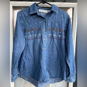 Vintage Victoria Jones Holiday Denim Top Snowflake Reindeer Embroidery- Medium